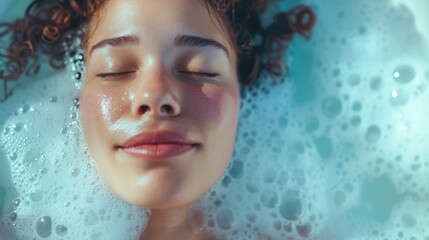 Relaxed woman lies in a bathtub filled with foamy bubbles, with her eyes closed and a satisfied smile on her lips