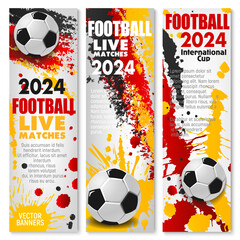 Euro soccer cup Germany 2024. Dynamic vector banners for football sport event, featuring splash ink effects in red, yellow and black colors of German flag and 3d soccer balls at vertical backdrop