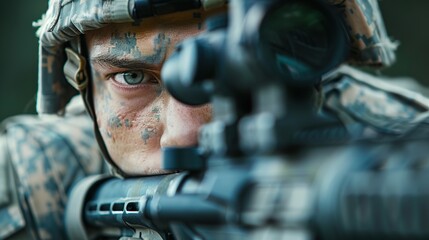 Close up of American soldier keeping sight on modern gun. copy space for text.