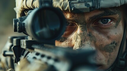 Close up of American soldier keeping sight on modern gun. copy space for text.