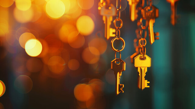 Keyring with keys in golden tone over golden background.