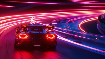 Speeding Sports Car On Neon Highway. a night track with colorful lights and trails.