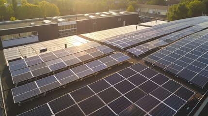 A large solar panel system is installed on the roof of a commercial building. The solar panels are angled to maximize sunlight exposure.