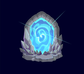 Fantasy fairytale game magic portal door. Magical archway enclosed by jagged crystal formations, emitting a radiant blue glow. Cartoon gui vector gateway to an unknown realm, swirling vortex doorway