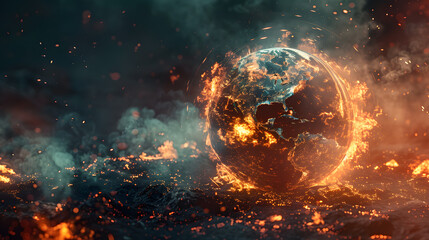 Global catasrtophe concept illustration. earth on flames, Global warming