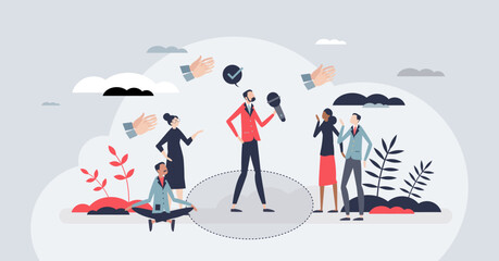 Speakers circle for speech practice and encouragement tiny person concept. Stage for public speaking in spotlight using safe environment vector illustration. Learning overcome fear or anxiety feeling