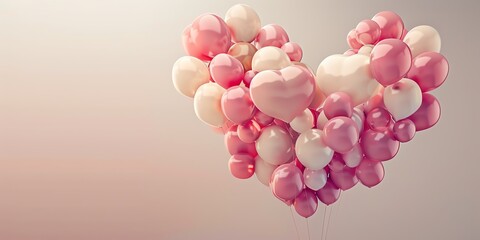 A digital illustration of a heart composed of floating pink and cream balloons, set against a clear background with space for text