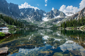 A majestic vista of snow-capped mountains mirrored in the crystal-clear waters of a serene alpine lake, surrounded by towering pine trees and rugged wilderness.