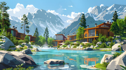 Eco Friendly Hot Springs Resort: Sustainable Luxury and Environmental Stewardship in Flat Design Backdrop