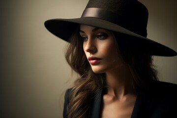 Portrait of a sophisticated lady wearing a stylish wide-brimmed hat, exuding mystery and charm