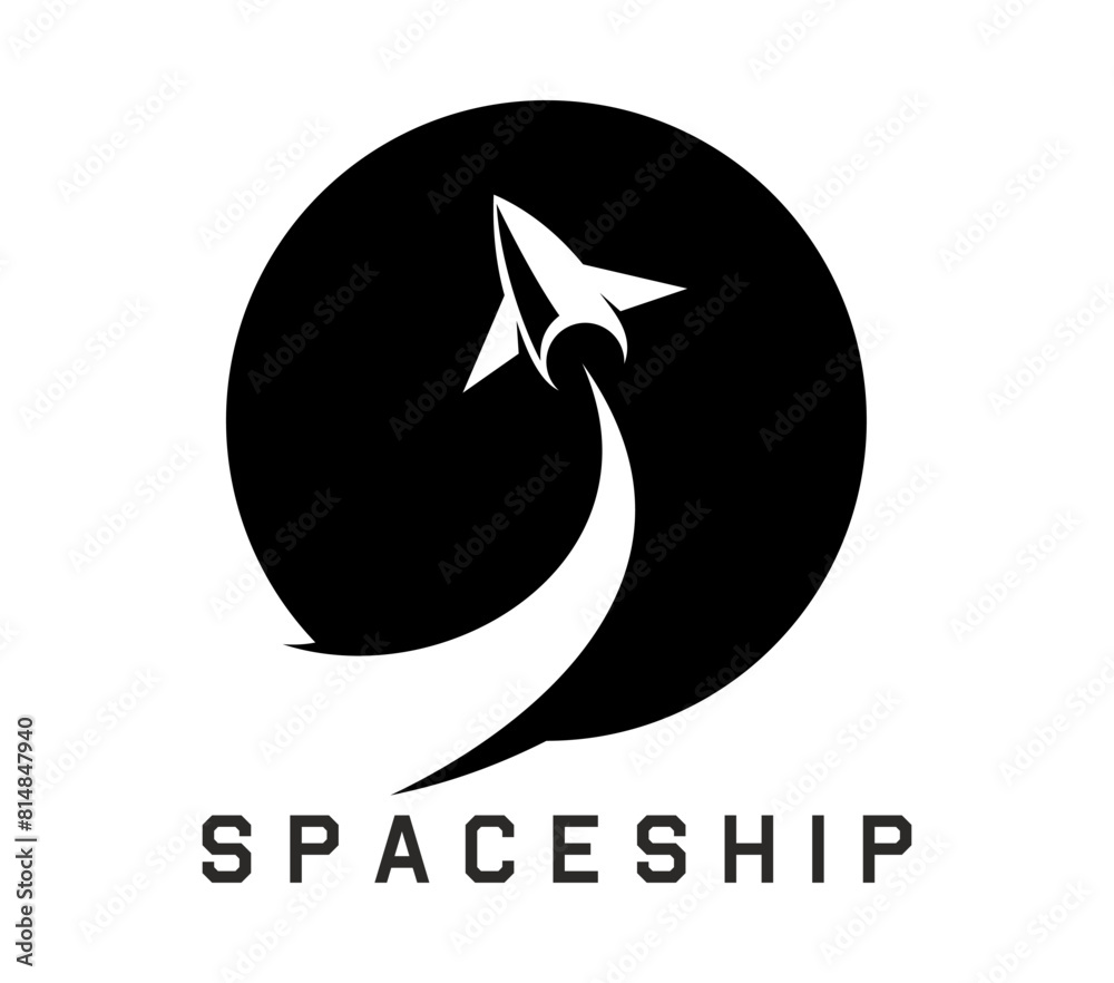 Poster Spaceship icon of space ship, rocket and shuttle vector silhouette. Rocket startup or spaceship launch with takeoff smoke trace. Isolated round symbol of retro spacecraft, space travel and astronomy