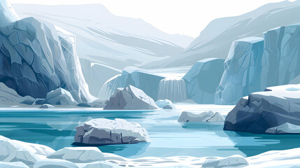 Flat Design Backdrop of Glacier Hot Springs: A Stunning Contrast of Icy Exterior and Warm Geothermal Waters Near a Glacier   Flat Illustration