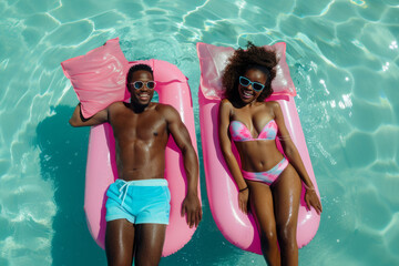 Young african american couple of a man and a woman relaxing and sunbathing laying on the pool float in the swimming pool with clear turquoise water, up view photo made from the quadcopter - Powered by Adobe