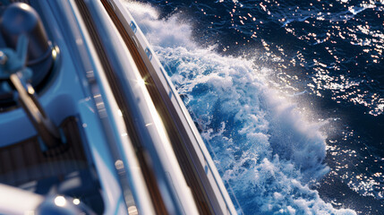  top deck view of yacht out of the water, splashing, set against the backdrop of a deep blue ocean. 