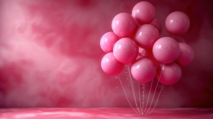  Pink balloons float on pink surface amidst pink walls