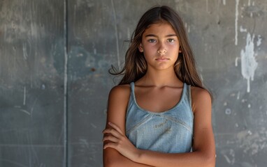 Fototapeta premium A young woman with long hair is standing in front of a wall. She is wearing a blue tank top and has her arms crossed. Concept of determination and strength, as the girl stands tall