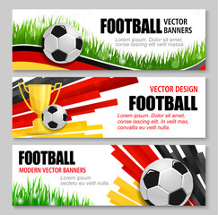 Naklejka premium Euro soccer cup Germany 2024 banners with realistic 3d football balls, trophy and grass. Vibrant vector dynamic backgrounds with German flag black, red, yellow colors, promoting the tournament event