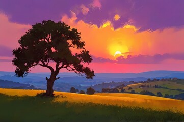 Obraz premium Impressionism painting sunset view from hill top, a tree, city mountains