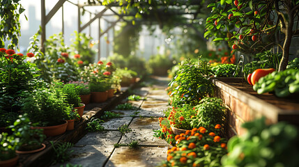 Obraz premium A greenhouse with lush green plants and vegetables cultivated.