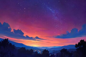 Naklejka premium Impressionism painting sunset over forest clouds