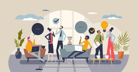Diversity and inclusion in workplace with acceptance tiny person concept. Business environment with ethnical, gender, racial and individualities vector illustration. Social responsible work company.