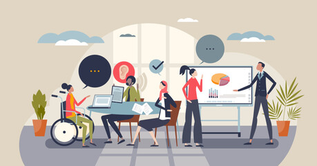 Diversity and inclusion in workplace for fair social equality tiny person concept. Various ethnical, racial and gender groups for diverse business company vector illustration. Office community team.