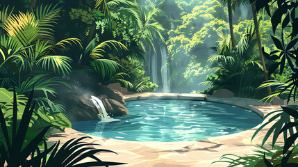 Fototapeta na wymiar Flat Design Backdrop: Tropical Paradise Hot Springs Lush Greenery, Hidden Oasis for Secluded Soak
