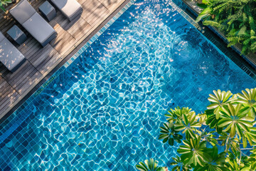 Up view copter photo of the swimming pool with transparent turquoise surface water, tropical trees and sun loungers