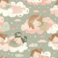 Dreamy textile pattern featuring hand-drawn baby princesses on clouds, with subtle pink and green earth tones, ideal for eco-conscious fabric