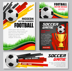Germany 2024 euro soccer cup banners and posters vector set feature dynamic football balls, trophies and grass with black, red and yellow German flag colors promoting national league soccer tournament