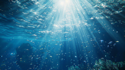 Underwater view of an ocean, clear blue water with sunlight filtering through. Schools of fish swim in the depth.
