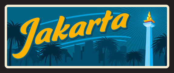 Special Capital Region of Jakarta, Indonesian city and metropolis of Indonesia. Vector travel plate, vintage tin sign, retro postcard design. Old plaque with skyline silhouette, Monas landmark