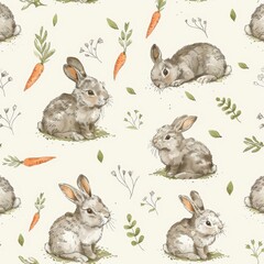 Delicate seamless pattern of bunnies and scattered carrots in a meadow, each element hand-drawn to capture the serenity and beauty of nature