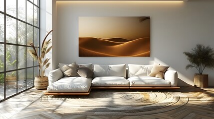 Serene and Sophisticated Living Room with Stunning Desert Landscape Artwork