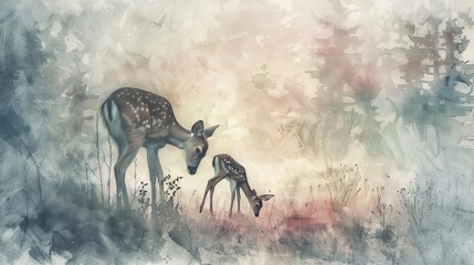 Delicate watercolor of a deer and fawn grazing in a misty forest, their gentle forms captured with soft brush strokes and subtle colors