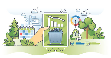 Waste reduction and garbage recycling eco strategy outline hands concept. Plan with nature conservation and reducing trash storage amount vector illustration. Effective and clean trash organization.