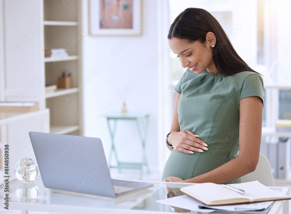 Poster businesswoman, laptop and pregnant in home office with happiness for maternity with remote work. tec