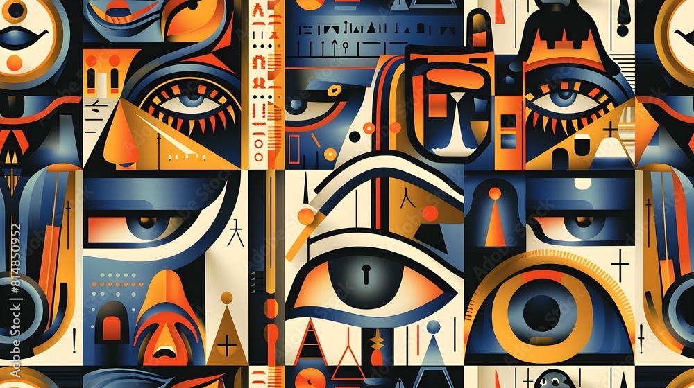 Aufkleber surreal geometric abstract with layered patterns and vibrant colors