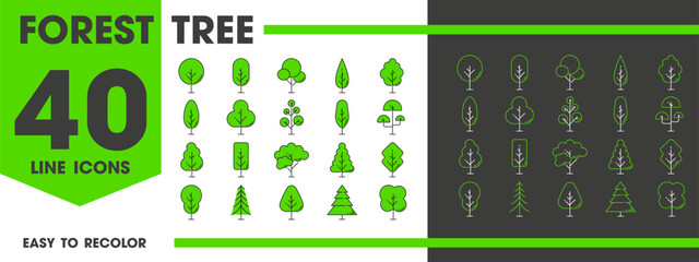 Forest and garden park green tree and plant outline icons, vector nature symbols. Different trees line icons of coniferous and deciduous oak, spruce fir and pine tree, birch or willow for horticulture