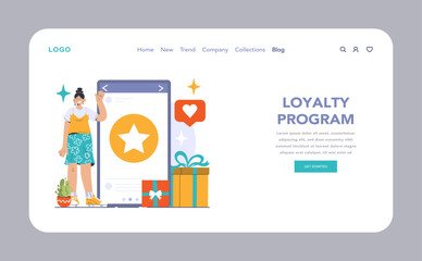Loyalty reimagined web or landing. Woman engaging with a digital loyalty