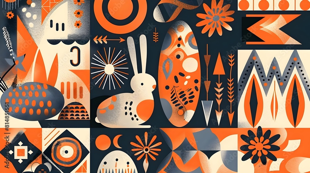 Aufkleber Vibrant Abstract Geometric Mosaic Pattern with Playful Organic and Retro Inspired Shapes and Colors