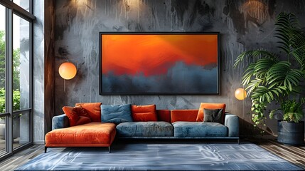 Vibrant and Cozy Modern Living Room with Stunning Landscape Artwork and Lush Greenery Accents