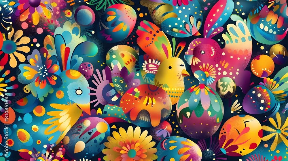 Aufkleber vibrant and whimsical floral pattern with abstract shapes and playful designs