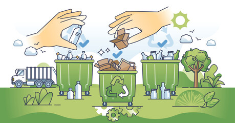 Recycling program with green waste management system outline hands concept. Material conservation and reuse for sustainable and environmental zero pollution disposal system vector illustration.