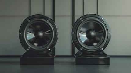 Two speakers, frontal view, circular speaker behind the circular pipe's glass texture, three-dimensional rendering