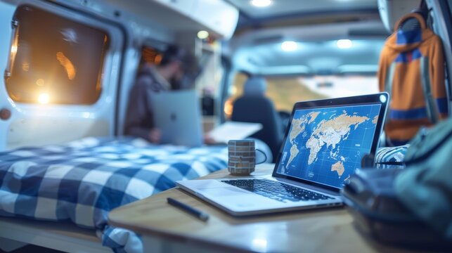 A cozy and organized camper van setup featuring a laptop displaying a world map, a coffee cup, and personal belongings. This modern nomadic workspace is perfect for themes related to remote work, trav