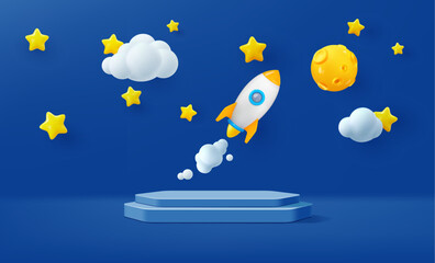 Kids podium with space rocket launch, moon and stars. 3d vector stage with galaxy planet and clouds in sky. Product display, stand, pedestal on blue background with cartoon toy spaceship flying up