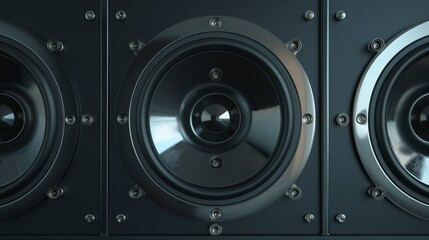 Two speakers, frontal view, circular speaker behind the circular pipe's glass texture, three-dimensional rendering