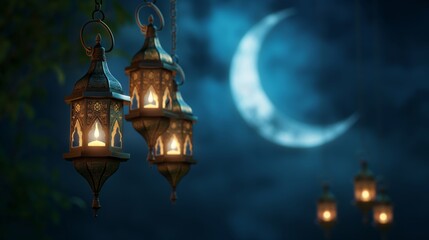 Obraz premium Elegant lanterns illuminating night sky with crescent moon in background.