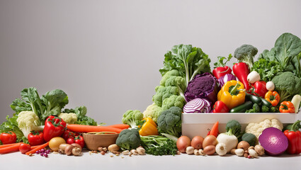 The image contains a variety of vegetables arranged on a white surface.

